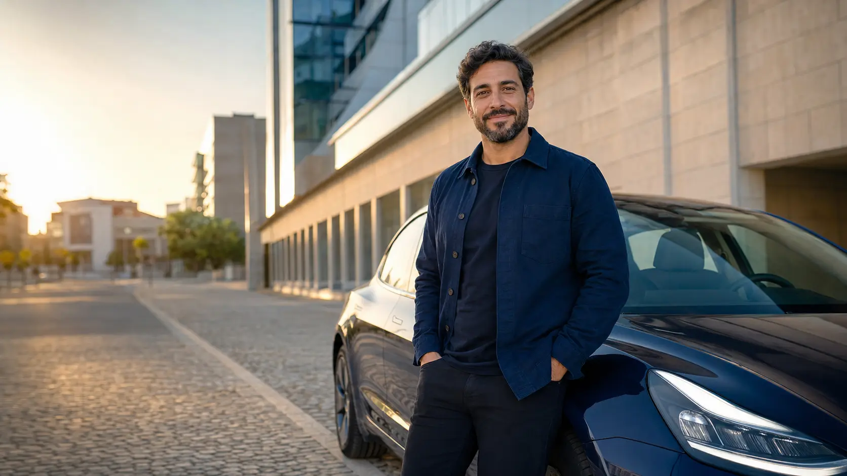 Motorista profissional junto de uma viatura moderna
